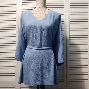 Asos Belted Top Women's Size 18‎ Blue Gauzy Short Sleeve V-Neck Boxy Blouse